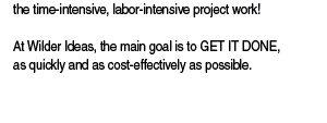 At Wilder Ideas, the main goal is to GET IT DONE, as quickly and as cost-effectively as possible.